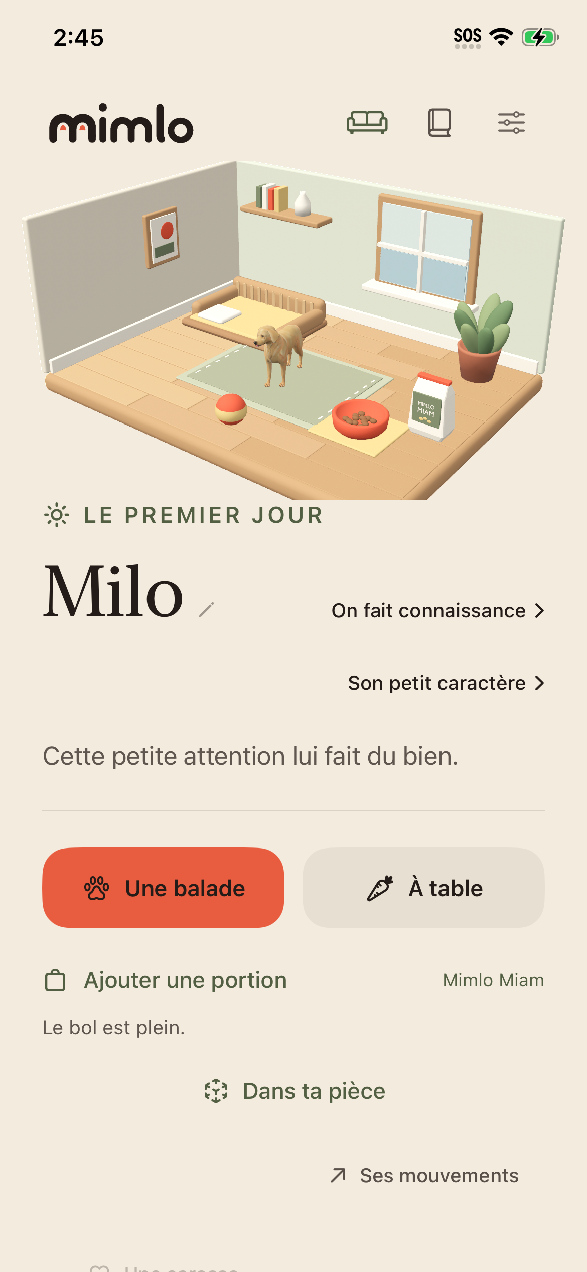 Capture de Mimlo sur iPhone : Milo dans sa maison et ses activités.