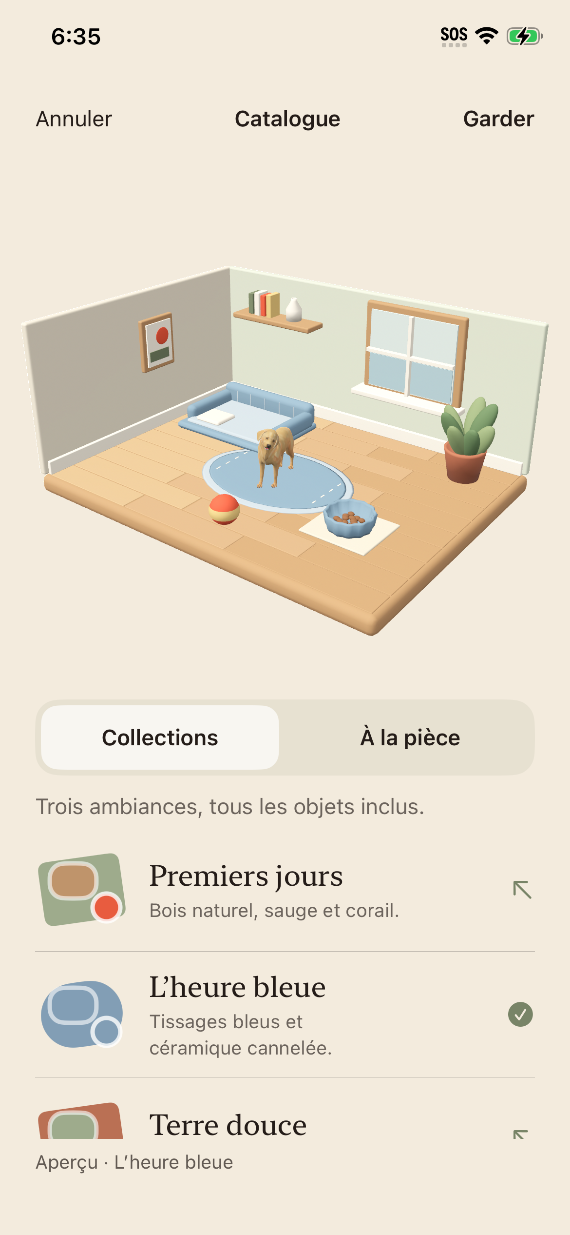 La maison de Mimlo avec un tapis ovale bleu, un panier bleu et une gamelle bleue cannelée.