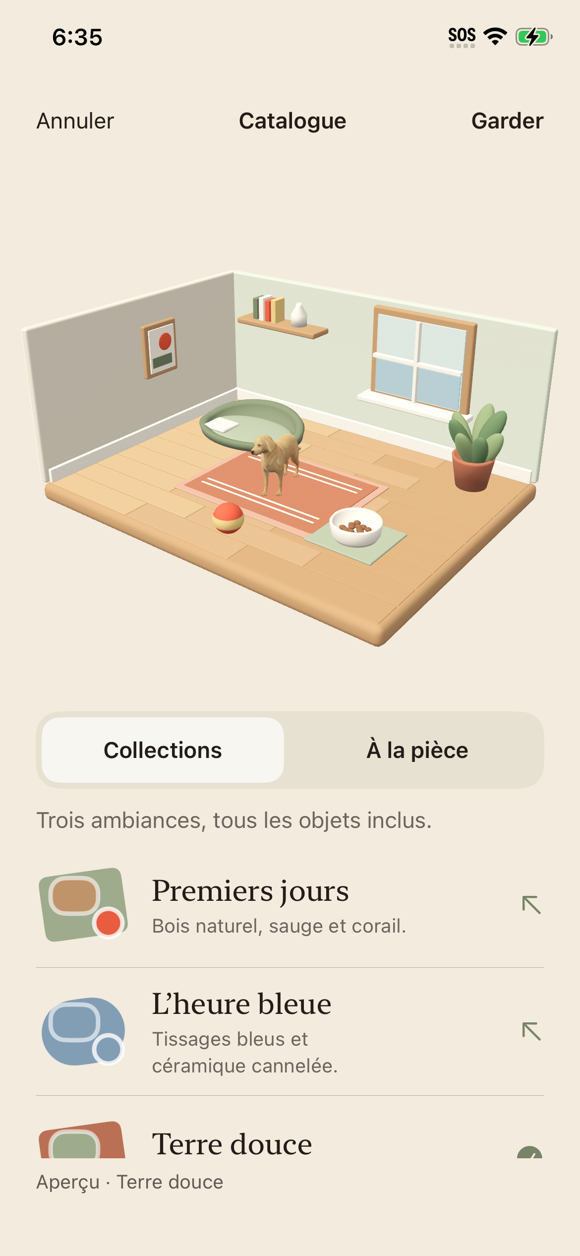 La maison de Mimlo avec un tapis terre cuite, un panier rond sauge et une gamelle porcelaine.